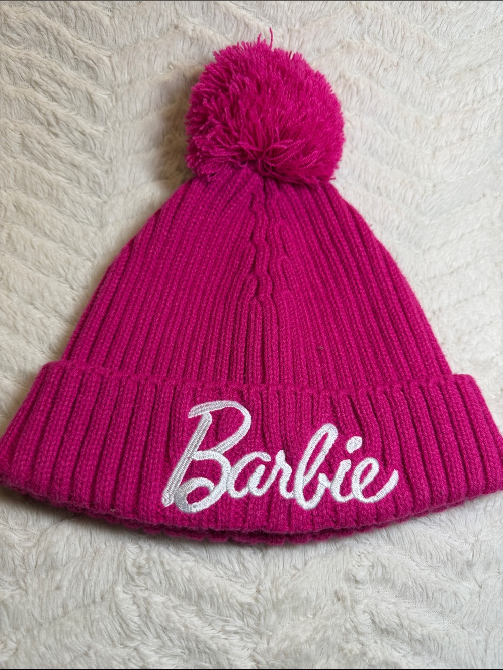 Barbie Washable Acrylic Pom Pom Beanie -Winter Hat Hot Pink Knit